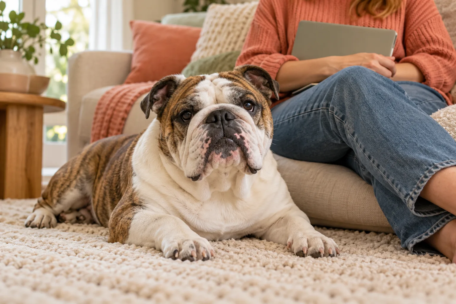 Brindle-and-white English Bulldog resting beside its owner on a cream rug